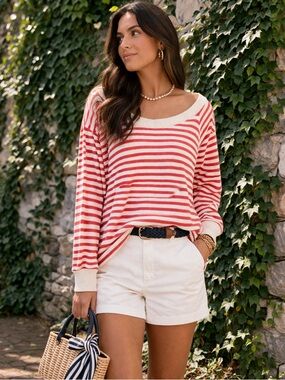 WE THE FREE Cream and Brick Striped Ballet Neckline Waffle Weave Top, M